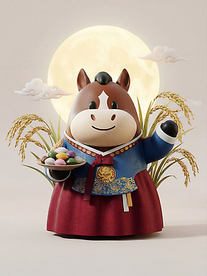 JPG 편집이미지 캐릭터 전통 접시 명절 문화 농업 새해 기념 한국 과자 축제 벼 쌀 보름달 한복 송편 말띠 2026년 편집3D 병오년 붉은말 붉은말캐릭터 AI컴퓨터그래픽 AI콘텐츠 한국전통 식기 기념일 산업 아시아 디저트 곡류 떡 3D 달 십이지신 말_동물 전통의상 연도 말캐릭터 파일형식