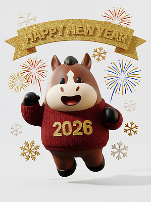JPG 편집이미지 캐릭터 컬러 겨울 새해 불꽃놀이 웃음 장식 달리기 축제 기쁨 축하 말_게임 말띠 조화 연말 2026년 편집3D 병오년 붉은말 붉은말캐릭터 AI컴퓨터그래픽 AI콘텐츠 계절 감정 컨셉 모션 놀이 표정 3D 십이지신 말_동물 연도 말캐릭터 파일형식