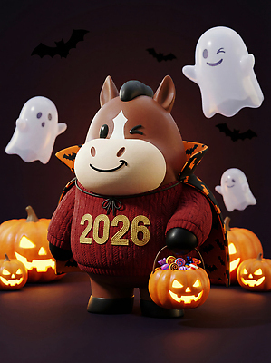 JPG 편집이미지 캐릭터 옷 가족 호박 새해 미소 장식 파티 축제 할로윈 유령 말띠 2026년 편집3D 병오년 붉은말 붉은말캐릭터 AI컴퓨터그래픽 AI콘텐츠 채소 관계 표정 이벤트 3D 십이지신 말_동물 연도 말캐릭터 파일형식