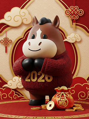 JPG 동물 편집이미지 디자인 행복 컬러 백그라운드 돈 새해 장식 조형물 축제 기운 소 분위기 스웨터 말띠 2026년 편집3D 병오년 붉은말 붉은말캐릭터 AI컴퓨터그래픽 AI콘텐츠 감정 컨셉 상의 포유류 미술 3D 십이지신 말_동물 재산 연도 말캐릭터 파일형식