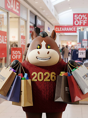 JPG 편집이미지 캐릭터 가방 새해 사람 쇼핑 세일 상점 소비 쇼핑몰 알림 즐거움 오브젝트 말띠 마케팅 2026년 편집3D 병오년 붉은말 붉은말캐릭터 AI컴퓨터그래픽 AI콘텐츠 잡화 감정 3D 십이지신 말_동물 연도 말캐릭터 파일형식