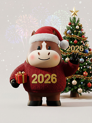 JPG 편집이미지 캐릭터 기념일 크리스마스 새해 선물 장식 크리스마스트리 파티 축제 스웨터 즐거움 말띠 연말 2026년 편집3D 병오년 붉은말 붉은말캐릭터 AI컴퓨터그래픽 AI콘텐츠 감정 상의 이벤트 3D 십이지신 말_동물 연도 말캐릭터 파일형식