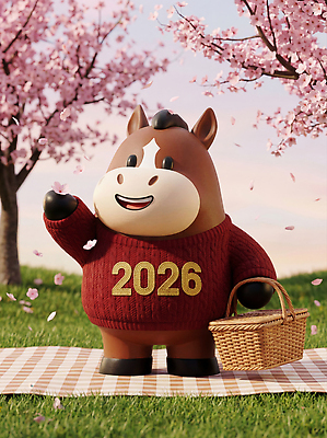 JPG 나무 편집이미지 공원 꽃잎 자연 새해 기념 이벤트 야외 바구니 축제 벚꽃 스웨터 말띠 손흔들기 2026년 편집3D 병오년 붉은말 붉은말캐릭터 AI컴퓨터그래픽 AI콘텐츠 식물 공공시설 꽃 상의 모션 3D 십이지신 말_동물 연도 생태계 말캐릭터 파일형식