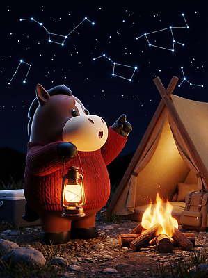 JPG 편집이미지 캐릭터 모션 자연 밤하늘 불꽃 조명 새해 텐트 이야기 야외 친구 별자리 캠핑 모닥불 말띠 소원 편집3D 병오년 붉은말 붉은말캐릭터 AI컴퓨터그래픽 AI콘텐츠 관계 하늘 불 레저 캠핑도구 3D 십이지신 말_동물 야간 생태계 말캐릭터 파일형식 2026년