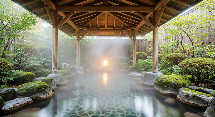 주간 자연요소 식물 계절 컨셉 온천 스파 CG 생태계 파일형식 수증기 돌_바위 나무 지붕 아침 자연 휴식 물 정원 풍경 고요 편집실사 편집이미지 JPG 겨울 노천온천