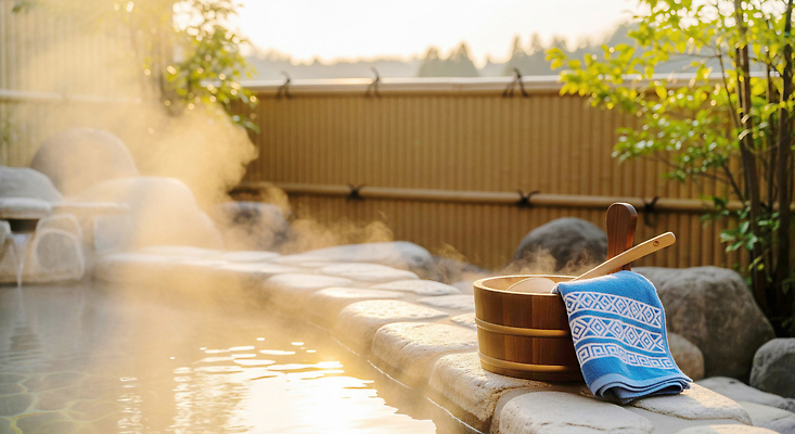 자연요소 계절 감정 컨셉 잎 위생용품 태양 온천 스파 감각 CG 생태계 파일형식 욕조 수건 돌_바위 나뭇잎 수증기 햇빛 장면 자연 편안함 물 뜨거움 여유 휴식 풍경 편집실사 편집이미지 JPG 겨울 노천온천