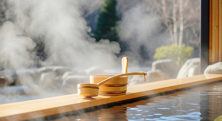 자연요소 계절 감정 아시아 컨셉 의학 풍경 온천 스파 CG 생태계 파일형식 수증기 물 자연 돌_바위 따뜻함 휴식 공간 여유 물가 일본 치료 수조 편집실사 편집이미지 JPG 겨울 노천온천