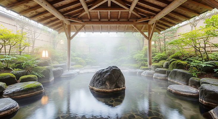 자연요소 식물 계절 감정 컨셉 날씨 물 온천 스파 CG 생태계 파일형식 안개 돌_바위 나무 정원 수면 휴식 조용 자연 풍경 여유 평화 편집실사 편집이미지 JPG 겨울 노천온천