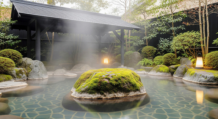 자연요소 식물 계절 아시아 길 섬 온천 스파 감각 야간 CG 생태계 파일형식 풍경_경치 수증기 정원 돌_바위 나무 뜨거운물 자연 일본 물 바위섬 야경 산책로 편안함 고요 편집실사 편집이미지 JPG 겨울 노천온천