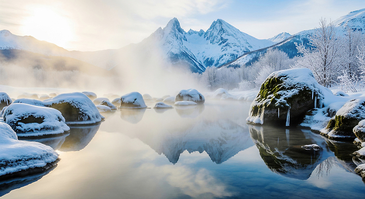 자연요소 식물 계절 온천 스파 CG 파일형식 겨울 산 물 호수 얼음 반사 풍경 차가움 날씨 태양 환경 나무 편집실사 편집이미지 JPG 노천온천
