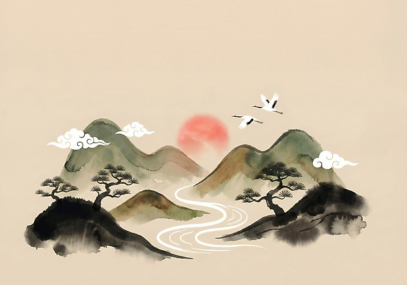 자연요소 식물 동물 전통 기념일 컨셉 노을 동양화 생태계 파일형식 산 강 조류 태양 자연 풍경 하늘 그림 일출 나무 호수 컬러 수채화 예술 평화 환경 여행 일러스트 국내일러스트 JPG 산수화 명절 새해