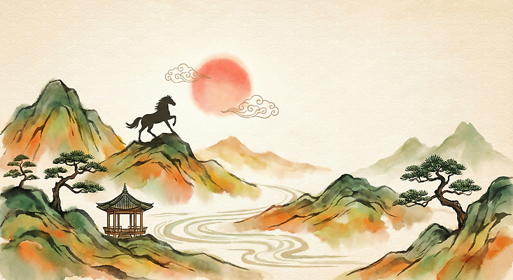 자연요소 식물 전통 건축물 기념일 아시아 날씨 노을 동양화 그림 생태계 파일형식 2026년 말 병오년 산 강 풍경 나무 건물 예술 풍경화 자연 하늘 초원 수채화 한국 바람 일러스트 국내일러스트 JPG 일출 산수화 명절 새해