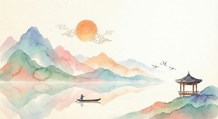 자연요소 전통 기념일 아시아 컨셉 물 노을 동양화 생태계 파일형식 산 태양 사람 풍경 자연 수면 하늘 여행 일출 컬러 그림 한국 문화 휴식 소멸 일러스트 국내일러스트 JPG 산수화 명절 새해