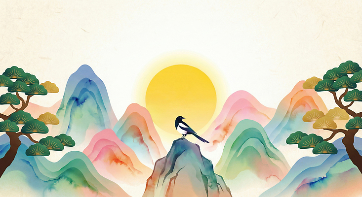 자연요소 식물 동물 전통 기념일 아시아 잎 노을 동양화 생태계 파일형식 산 나무 태양 조류 풍경 자연 동산 컬러 높이 주간 하늘 장면 조각 한국 예술 모양 나뭇잎 일러스트 국내일러스트 JPG 일출 산수화 명절 새해