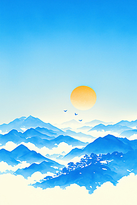 JPG 명절 여행 백그라운드 일러스트 자연 조류 하늘 아침 날씨 새해 산 풍경 파란색 태양 일출 일기 지평선 조용 풍경화 국내일러스트 AI일러스트 AI콘텐츠 주간 자연요소 동물 전통 기념일 컬러 노을 그림 생태계 파일형식