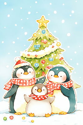 JPG 동물 감정 백그라운드 크리스마스 겨울 일러스트 가족 자연 놀이 세마리 장식 초록색 크리스마스트리 귀여움 축제 즐거움 펭귄 국내일러스트 AI일러스트 AI콘텐츠 계절 기념일 컬러 컨셉 관계 조류 3 생태계 파일형식