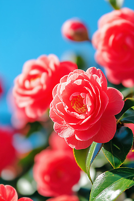 식물 계절 꽃 컬러 한국 CG 생태계 파일형식 AI콘텐츠 빨간색 나무 하늘 자연 뷰티풀 꽃밭 생명 잎 정원 풍경 편집이미지 편집실사 JPG 제주도 동백 겨울 AI포토