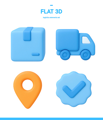 PSD 아이콘 디자인 컬러 그래픽 파란색 3D아이콘 상자 3D 주황색 트럭 배송 오브젝트 체크표시 택배 위치 물류 표식 자동차 운송업 디지털합성 확인 파일형식