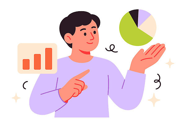 손 남자 컬러 일러스트 비즈니스 통계 그래프 아이디어 직장 기술 설명 자료 교양 정보 도구 발표 분석 원그래프 서류판 국내일러스트 AI파일 컨셉 회사 모션 사람 신체부위 사무용품 파일형식 벡터