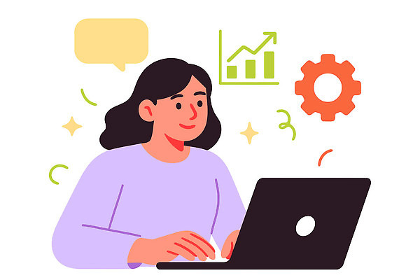 여자 말풍선 일러스트 비즈니스 통계 그래프 아이디어 직장 기술 대화 컴퓨터 사무실 디지털 스크린 자료 작업 계획 분석 기어 소통 국내일러스트 AI파일 컨셉 회사 말하기 사람 전자제품 파일형식 벡터