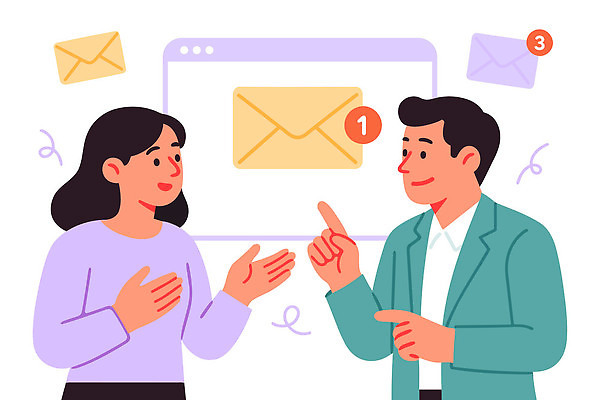 여자 남자 인터넷 일러스트 비즈니스 협력 기술 이야기 대화 여러명 일상 컴퓨터 사무실 스크린 정보 업무 메시지 이메일 소통 의사소통 국내일러스트 AI파일 다수 컨셉 말하기 사람 라이프 전자제품 작업 파일형식 벡터