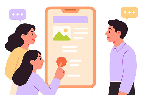 일러스트 비즈니스 기술 이야기 대화 여러명 스마트폰 스크린 터치 정보 그룹 확인 이미지 의견 소통 내용 방법 의사소통 지원 피드백 상호작용 국내일러스트 AI파일 다수 컨셉 말하기 사람 핸드폰 스마트기기 파일형식 벡터