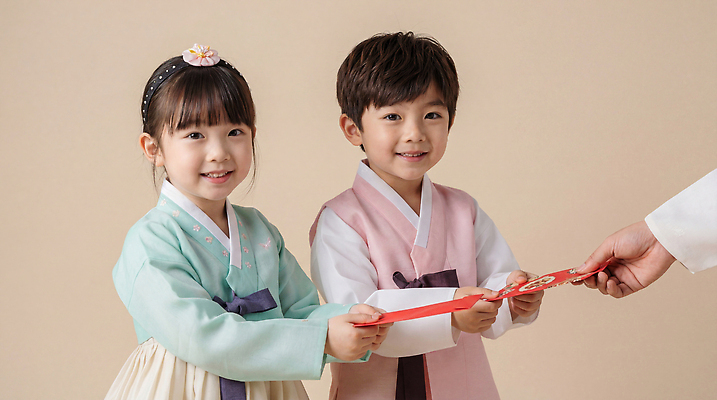 한국전통 전통 기념일 컨셉 관계 봉투 표정 사람 신체부위 예절 절_인사 전통의상 CG 파일형식 어린이 한복 세배 새해 인사 돈봉투 가족 손 웃음 축하 이벤트 문화 편집이미지 편집실사 JPG 명절 의료성형뷰티