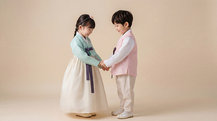 한국전통 전통 기념일 아시아 관계 모션 표정 사람 전통의상 CG 파일형식 어린이 한복 손잡기 놀이 한국 문화 명절 옷 외모 친구 백그라운드 웃음 기술 편집이미지 편집실사 JPG 의료성형뷰티