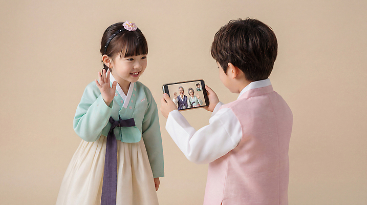 한국전통 전통 여자 기념일 남자 아시아 어린이 가족 관계 모션 표정 말하기 사람 핸드폰 스마트기기 전통의상 CG 통화 파일형식 한복 스마트폰 대화 웃음 소년 소녀 영상통화 손흔들기 한국 문화 친척 편집이미지 편집실사 JPG 명절 의료성형뷰티