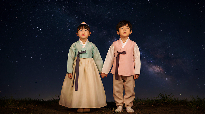 자연요소 한국전통 전통 여자 기념일 남자 어린이 관계 표정 사람 신체부위 전통의상 CG 파일형식 한복 별 하늘 손 웃음 장면 친구 가족 문화 소년 소녀 편집이미지 편집실사 JPG 명절 의료성형뷰티