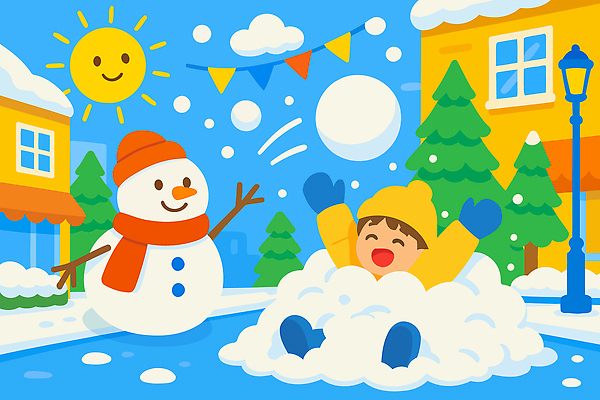 자연요소 식물 계절 공공시설 기념일 감정 컨셉 관계 눈_날씨 표정 사람 건물 파일형식 벡터 겨울 어린이 눈사람 놀이 눈덩이 설원 주택 나무 태양 웃음 마을 공원 화기애애 친구 즐거움 동심 장난 국내일러스트 일러스트 AI파일 크리스마스