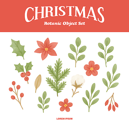 식물 계절 기념일 꽃 잎 취미 생태계 파일형식 크리스마스 포인세티아 겨우살이 바늘잎 장식 자연 컬러 디자인 배열 원예 사계절 조화 PSD 국내일러스트 일러스트 수채화