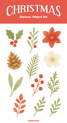 나무 식물 기념일 꽃 장신구 취미 생태계 파일형식 크리스마스 홉 소나무 포인세티아 겨우살이 잎 자연 장식 도안 세트 계절 머리핀 조화 디자인 컬러 생명 원예 PSD 국내일러스트 일러스트 수채화