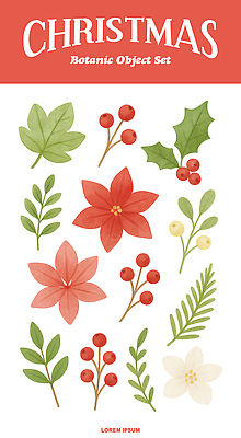 나무 식물 기념일 꽃 잎 크리스마스 이벤트 취미 풀_식물 생태계 파일형식 세트 풀잎 열매 장식 자연 계절 디자인 원예 연말 크리스마스장식 소나무 PSD 국내일러스트 일러스트 포인세티아 수채화