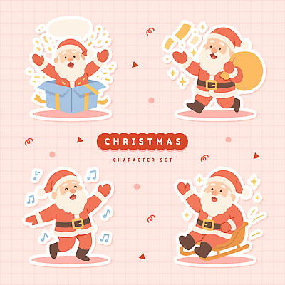 캐릭터 계절 기념일 감정 크리스마스 문화예술 이벤트 파일형식 벡터 산타클로스 모션 썰매 음악 종 상자 즐거움 세트 축제 디자인 겨울 선물 거리 장식 파티 가정 일러캐릭터 AI파일 일러스트