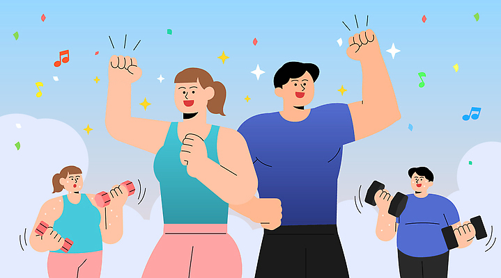 옷 감정 다수 컨셉 문화예술 건강 사람 운동 헬스 파일형식 벡터 여러명 연령 음악 즐거움 운동기구 협력 다이어트 모션 에너지 소통 친목 목표 연습 운동복 AI파일 일러스트 국내일러스트 성공