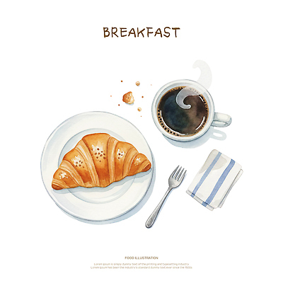 PSD 접시 커피 음료 음식 빵 포크 일러스트 탁자 아침 디저트 요리 일상 주방 식사 아침식사 크루아상 냅킨 홈카페 국내일러스트 주간 식기 가구 라이프 카페 파일형식