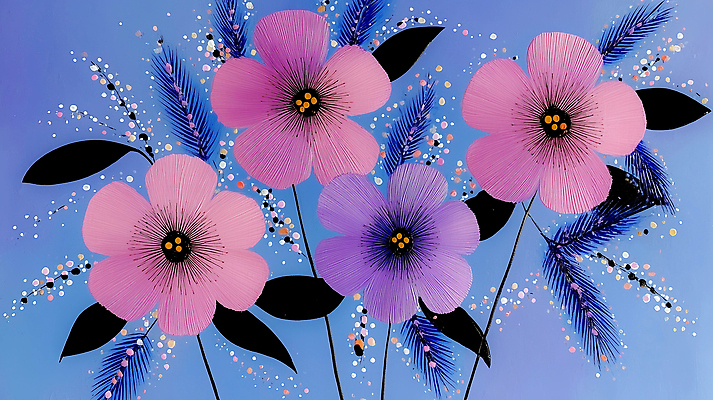 JPG 식물 디자인 꽃 화초 예술 줄기 분홍색 컬러 백그라운드 잎 일러스트 자연 미술 풍경 장식 파란색 보라색 점 그림 색감 창작 국내일러스트 문화예술 생태계 파일형식