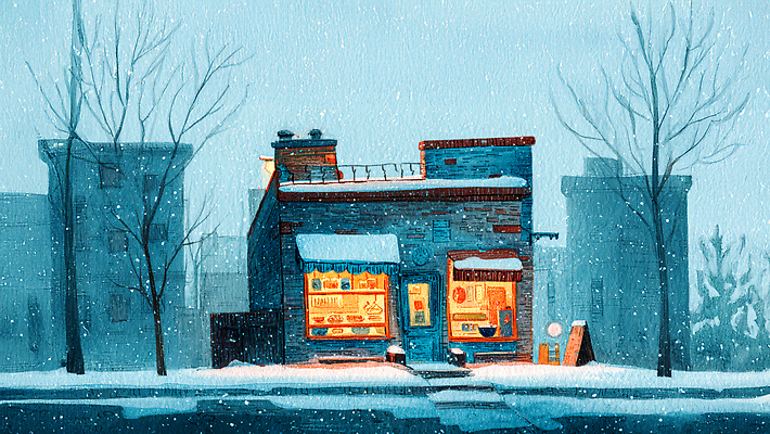 JPG 나무 창 설경 겨울 일러스트 조명 거리 따뜻함 풍경 야외 건물 빛 문 상점 시골 소음 오후 국내일러스트 식물 건축물 계절 무기 소리 파일형식