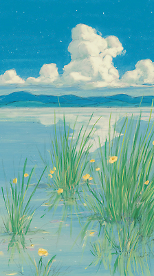 JPG 식물 꽃 호수 일러스트 자연 하늘 날씨 수채화 산 미술 풍경 물 여름 파란색 거울 수중식물 그림 국내일러스트 AI일러스트 AI콘텐츠 자연요소 계절 컬러 문화예술 생태계 파일형식