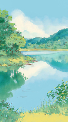 JPG 나무 여유 일러스트 자연 하늘 바람 산 풍경 물 여름 강 반사 평화 고요 숲 국내일러스트 AI일러스트 AI콘텐츠 자연요소 식물 계절 감정 컨셉 날씨 생태계 파일형식