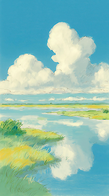 JPG 식물 일러스트 자연 하늘 풍경 초원 여름 반사 환경 개울 수면 숲 그림 지역 풍경화 차분 국내일러스트 AI일러스트 AI콘텐츠 계절 컨셉 물 강 생태계 파일형식