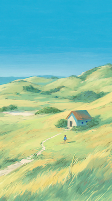 JPG 길 여행 일러스트 자연 하늘 산 주택 사람 풍경 초원 여름 햇빛 반사 평화 산책 공간 농촌 시골 언덕 평야 국내일러스트 AI일러스트 AI콘텐츠 계절 컨셉 휴식 건물 태양 생태계 파일형식
