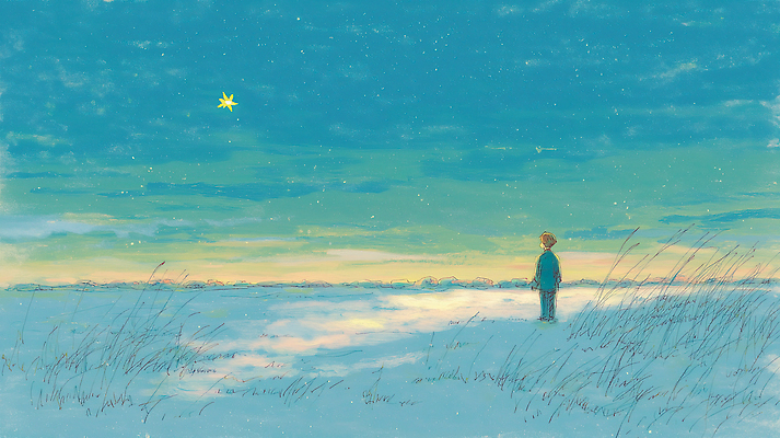 JPG 응시 별 컬러 겨울 일러스트 자연 하늘 풍경 소년 초원 빛 노을 공간 고독 산들바람 청명 한가함 차분 국내일러스트 AI일러스트 AI콘텐츠 자연요소 시선 계절 남자 감정 어린이 컨셉 바람 생태계 파일형식