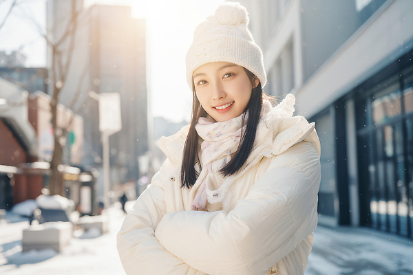 JPG 편집이미지 여자 행복 겨울 거리 미소 건물 일상 햇빛 스카프 겨울옷 의료성형뷰티 편집실사 건축물 옷 계절 감정 표정 사람 라이프 태양 목도리 CG 파일형식