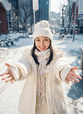 JPG 편집이미지 여자 겨울 눈사람 거리 웃음 햇빛 흰색 도시 보행자 차가움 겨울옷 의료성형뷰티 편집실사 옷 계절 컬러 표정 사람 태양 CG 파일형식