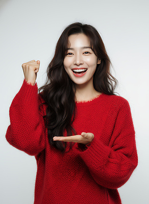 JPG 편집이미지 손 여자 패션 행복 감정 포즈 백그라운드 표정 웃음 사람 빨간색 기쁨 스웨터 의료성형뷰티 스타일 편집실사 컬러 상의 신체부위 CG 파일형식