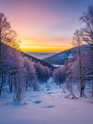 JPG 나무 편집이미지 분홍색 겨울 자연 하늘 아침 풍경 일출 계곡 주황색 차가움 숲 겨울풍경 편집실사 AI포토 AI콘텐츠 주간 식물 계절 컬러 노을 CG 생태계 파일형식