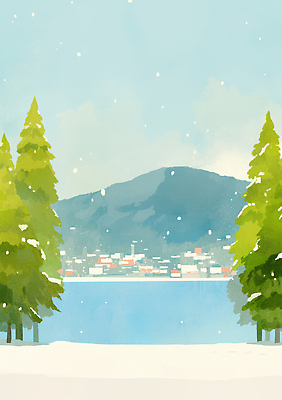 JPG 나무 계절 호수 여행 겨울 일러스트 자연 하늘 산 풍경 마을 환경 흰색 시골 차가움 숲 방문 수목 청명 겨울풍경 국내일러스트 식물 컬러 생태계 파일형식