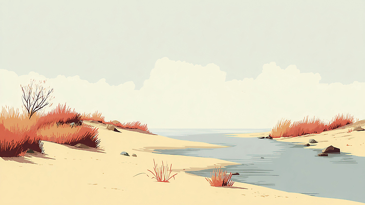 JPG 나무 식물 물결 일러스트 자연 하늘 이끼 풍경 잔디 여름 강 모래사장 햇빛 돌_바위 나뭇가지 수중식물 강가 국내일러스트 AI일러스트 AI콘텐츠 계절 바다 태양 생태계 파일형식